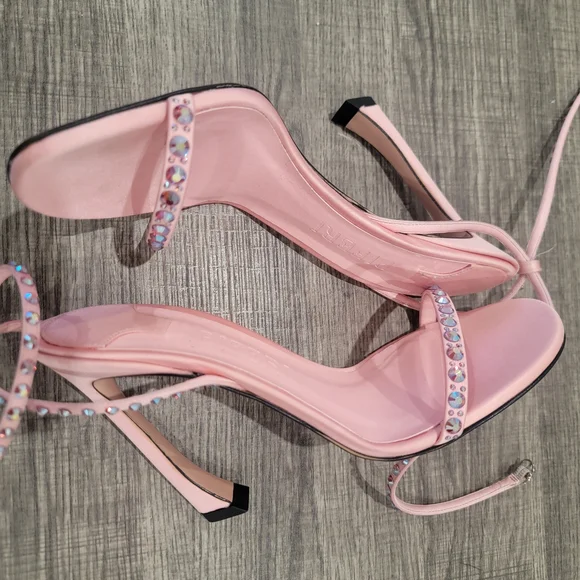 Piferi Satin Vegan Leather Ankle Wrap Stylish Pink Rhinestone Heels Size 37 Or 7 - Picture 5 of 14